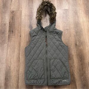 Eddie Bauer‎ Women's Size M Fur Lined Vest Green Quilted Hoodie Zip Sleeveles